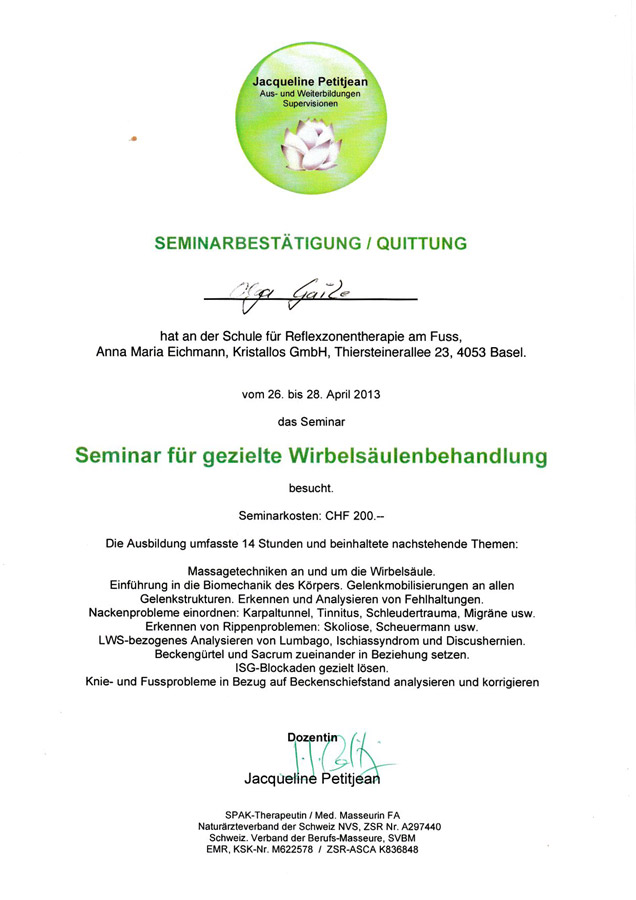 Zertifikat Gezielte Wirbelsäulenbehandlung & Spiralmuskeldynamisierung, Olga Gaile