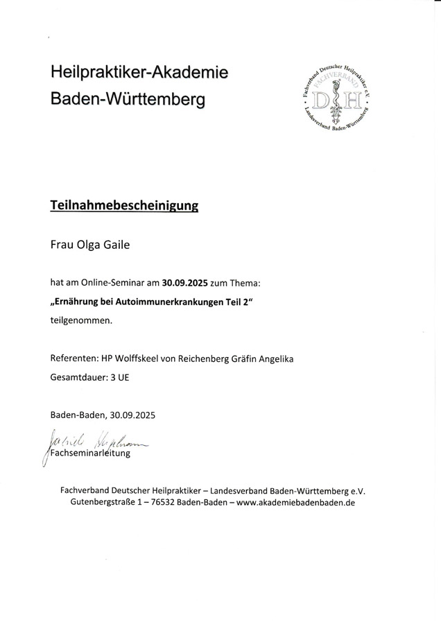 Zertifikat Ernährung, Teil 2, Olga Gaile