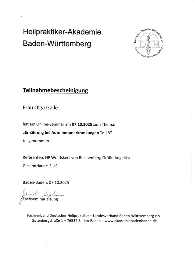 Zertifikat Ernährung, Teil 3, Olga Gaile