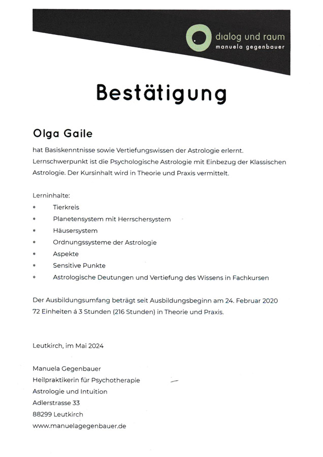 Zertifikat Astrologie-Ausbildung, Olga Gaile