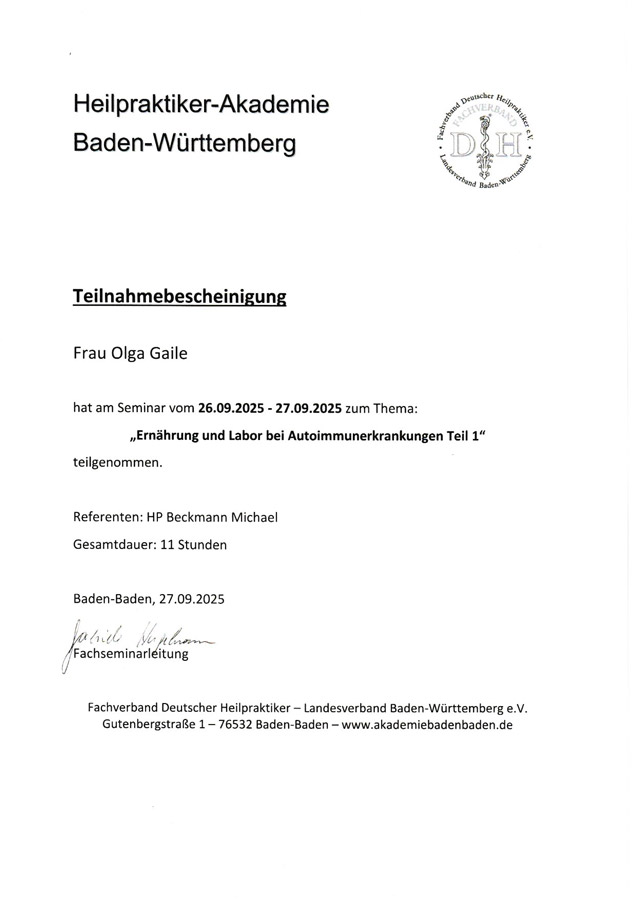 Zertifikat Ernährung, Teil 1, Olga Gaile