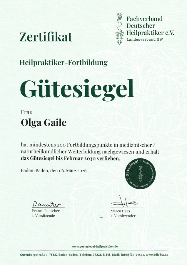 Gütesiegel Heilpraktiker-Fortbildung, Olga Gaile