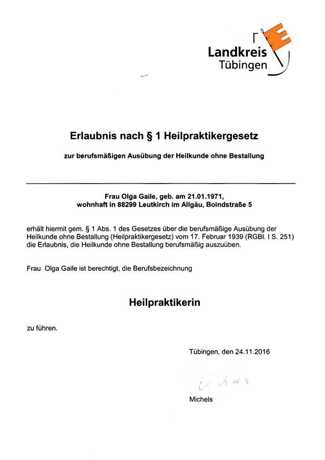 Urkunde Heilpraktikerin – Erlaubnis zur Ausübung der Heilkunde, Olga Gaile