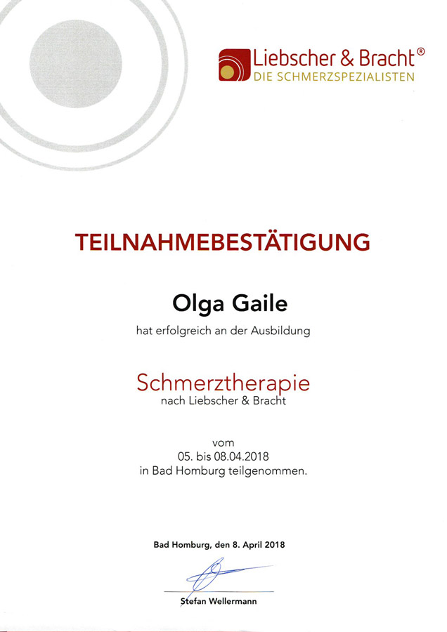 Zertifikat Schmerztherapie nach Liebscher & Bracht, Olga Gaile