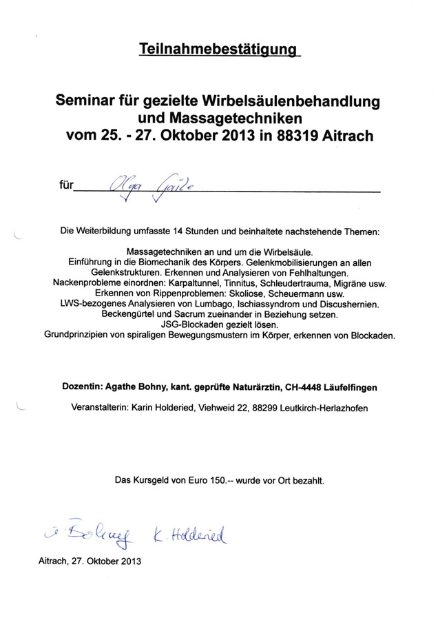Zertifikat Wirbelsäulentechnik, Olga Gaile