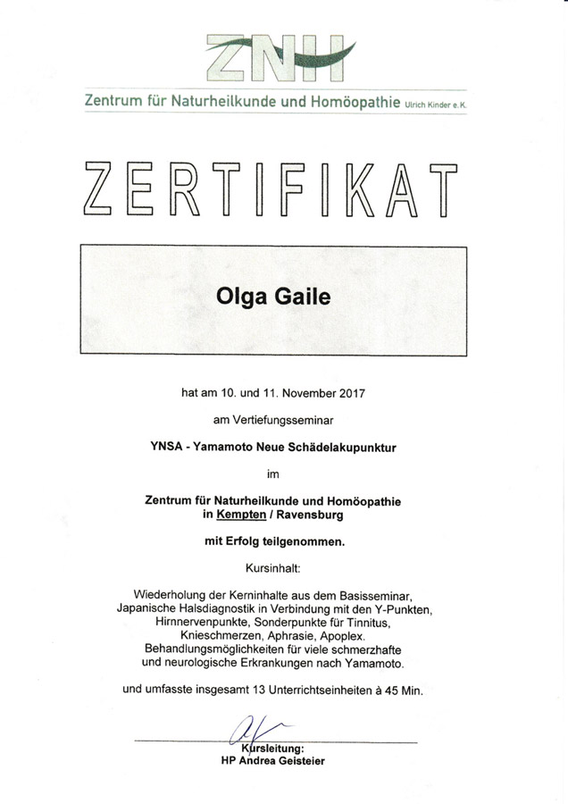Zertifikat Yamamoto Neue Schädelakupunktur (YNSA), Olga Gaile