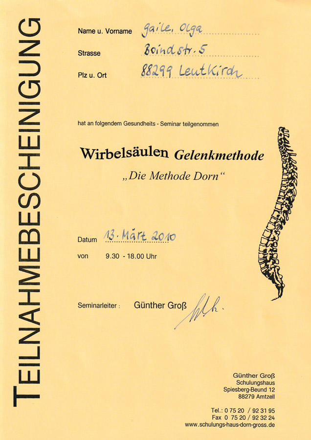 Zertifikat Dorn-Methode, Olga Gaile