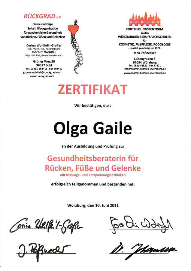 Zertifikat Gesundheitsberaterin für Rücken, Füße und Gelenke, Olga Gaile